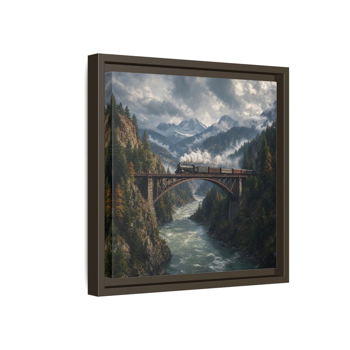 Side Mockup 17. Nature Steam Train Mountain Train shown as stretched canvas wall art