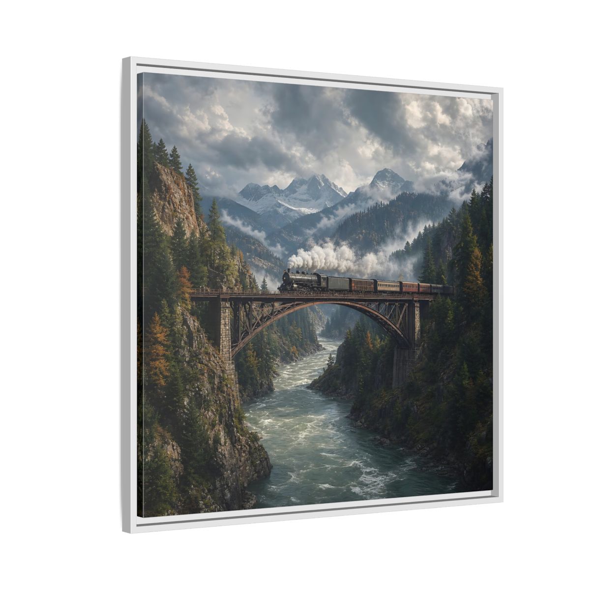 Side Mockup 7. Nature Steam Train Mountain Train shown as stretched canvas wall art