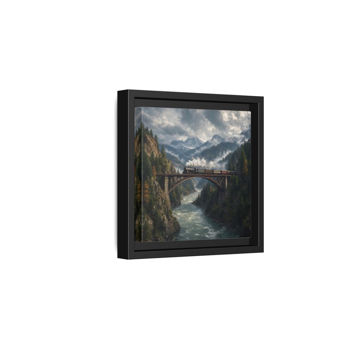 Side Mockup 3. Nature Steam Train Mountain Train shown as stretched canvas wall art