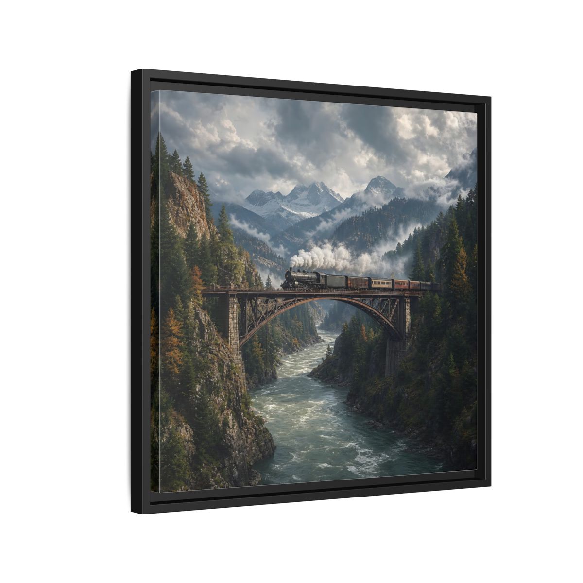 Side Mockup 12. Nature Steam Train Mountain Train shown as stretched canvas wall art