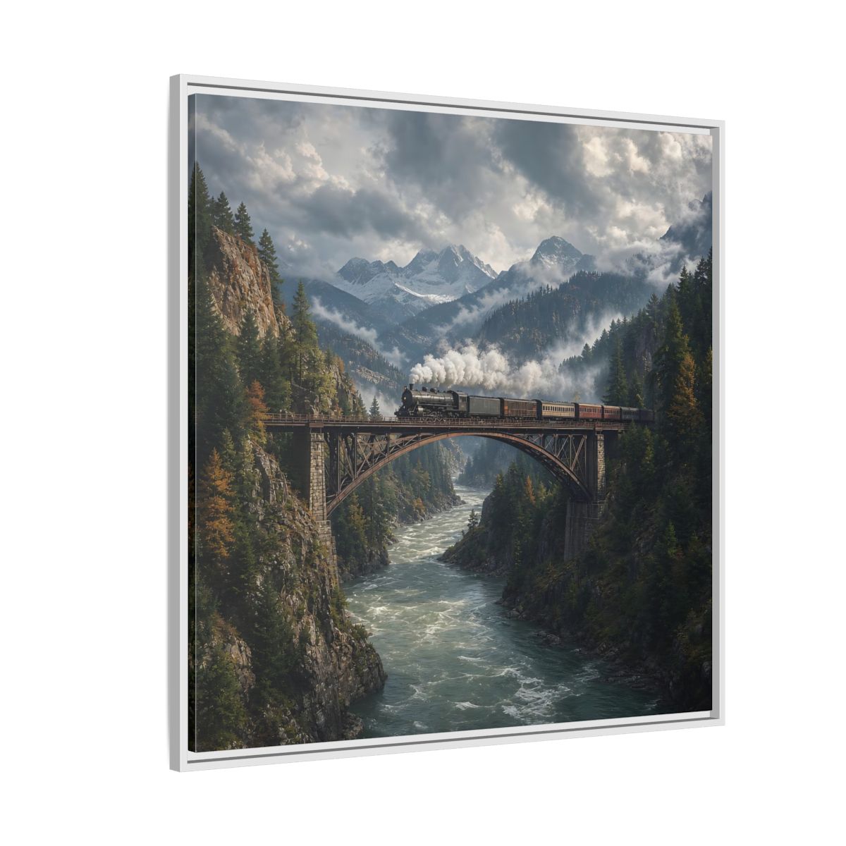 Side Mockup 4. Nature Steam Train Mountain Train shown as stretched canvas wall art