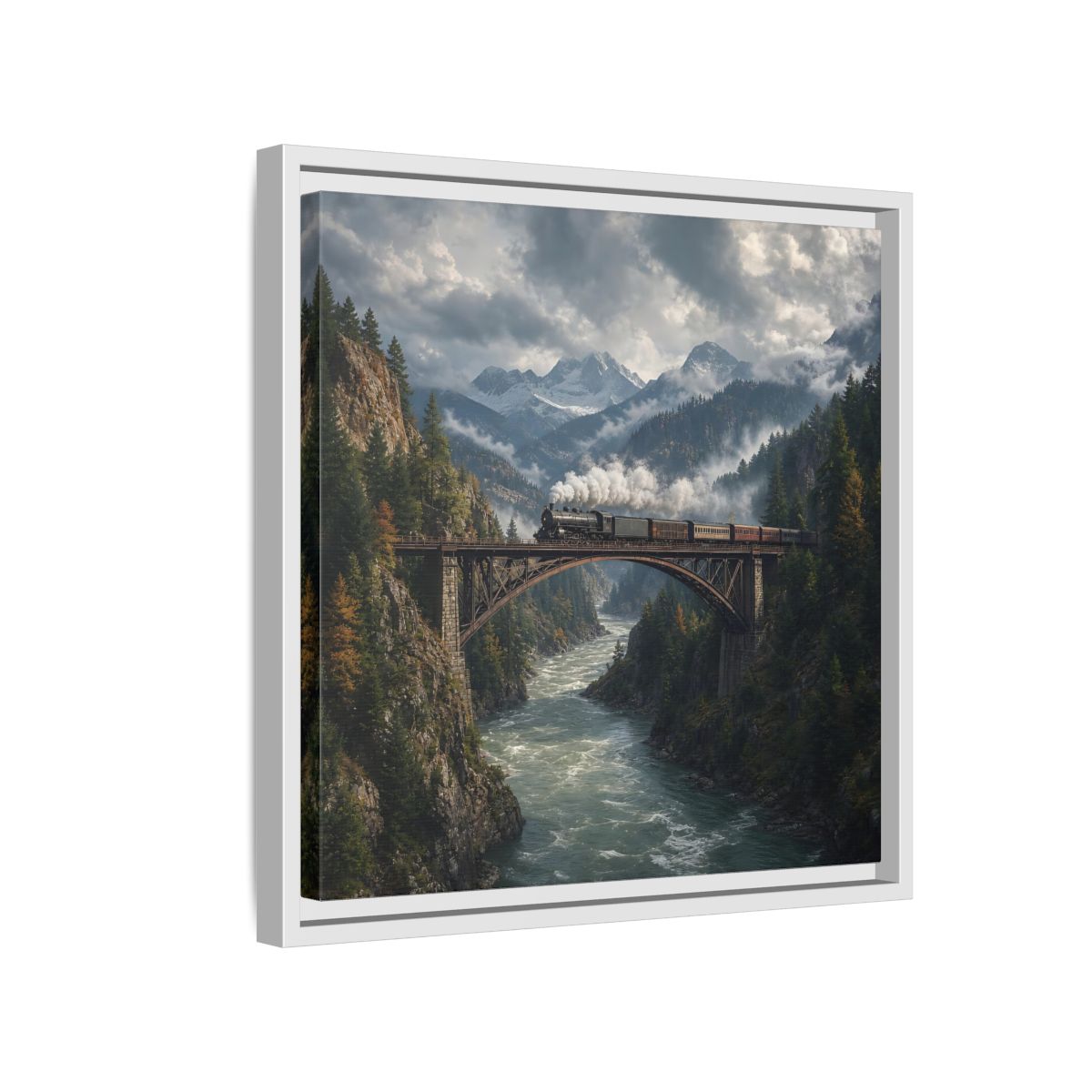 Side Mockup 13. Nature Steam Train Mountain Train shown as stretched canvas wall art