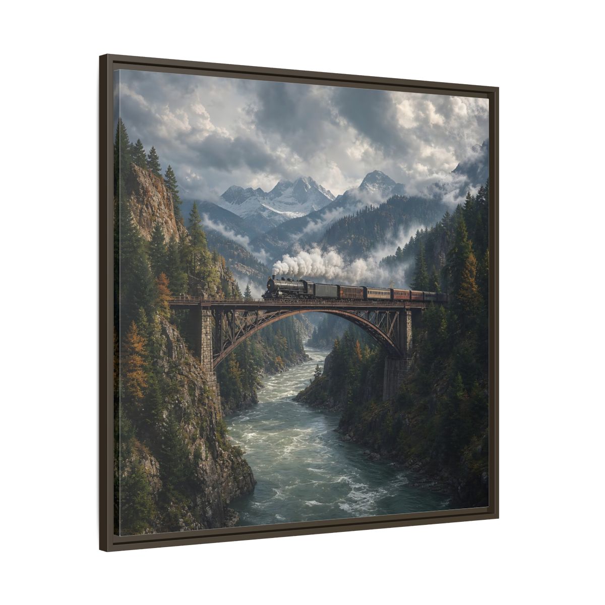 Main Mockup. Nature Steam Train Mountain Train shown as stretched canvas wall art