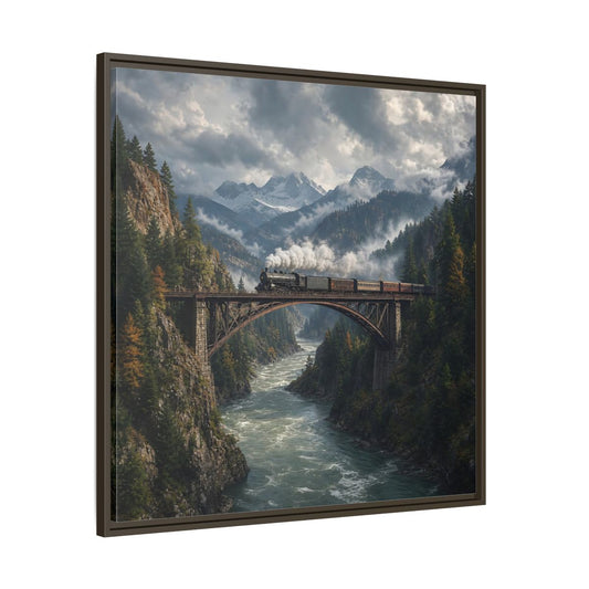 Main Mockup. Nature Steam Train Mountain Train shown as stretched canvas wall art