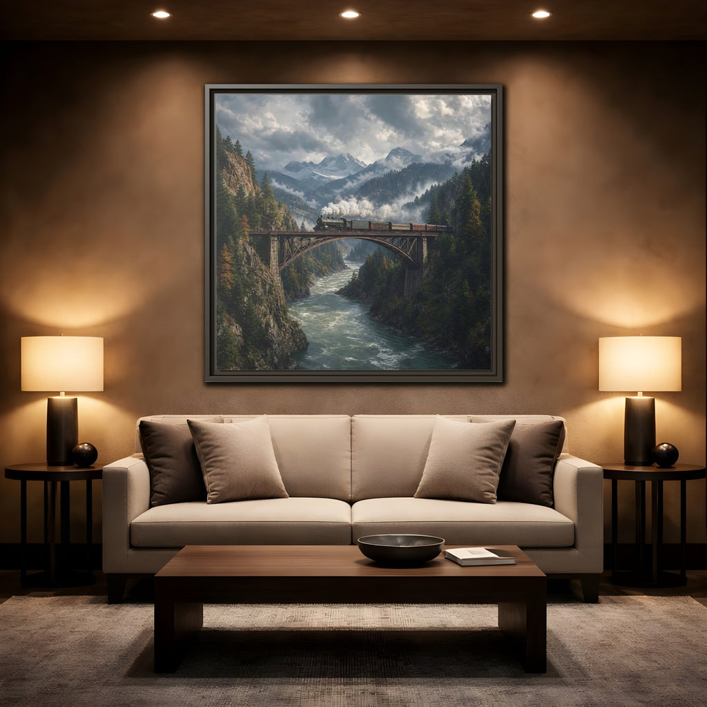 Mockup 2. Nature Steam Train Mountain Train shown as stretched canvas wall art