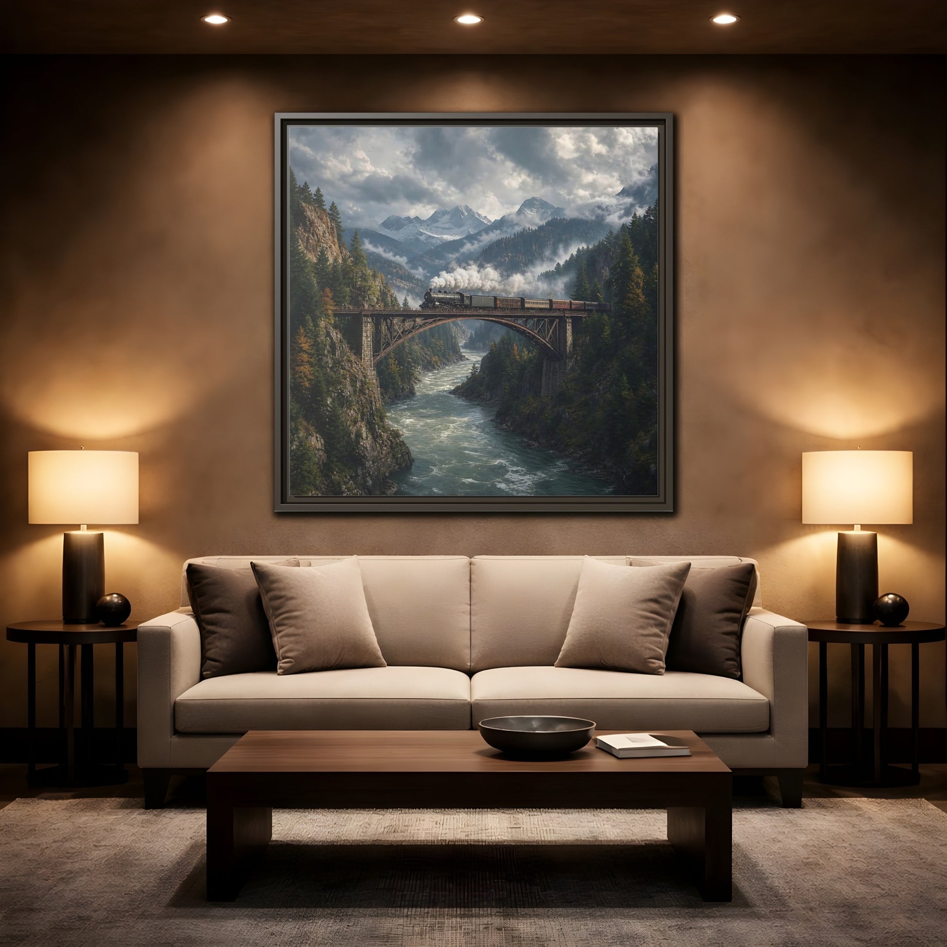 Mockup 2. Nature Steam Train Mountain Train shown as stretched canvas wall art
