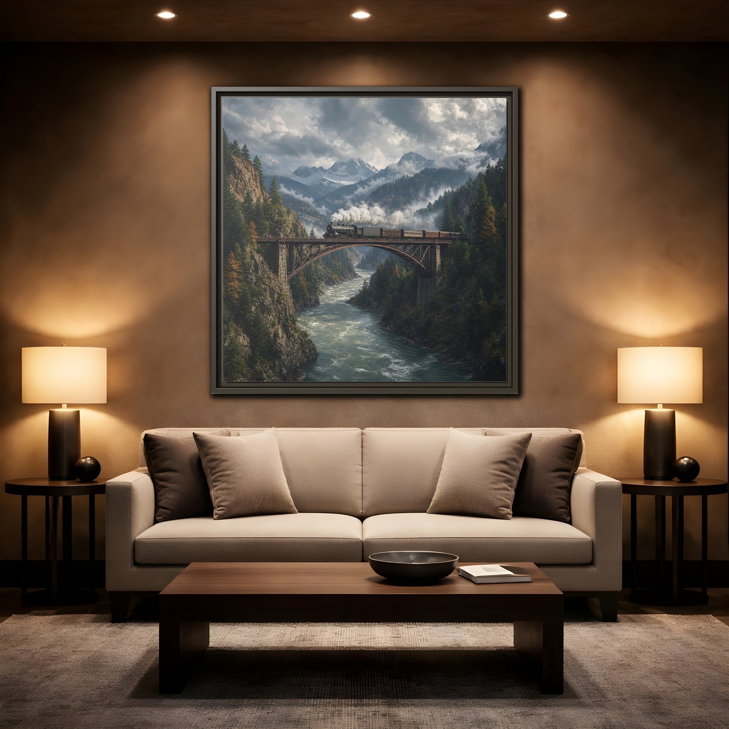 Mockup 2. Nature Steam Train Mountain Train shown as stretched canvas wall art