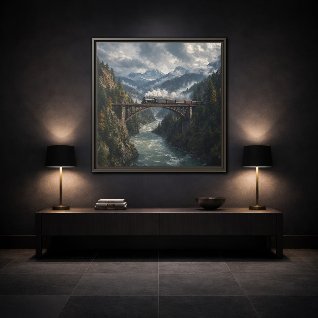 Mockup 3. Nature Steam Train Mountain Train shown as stretched canvas wall art