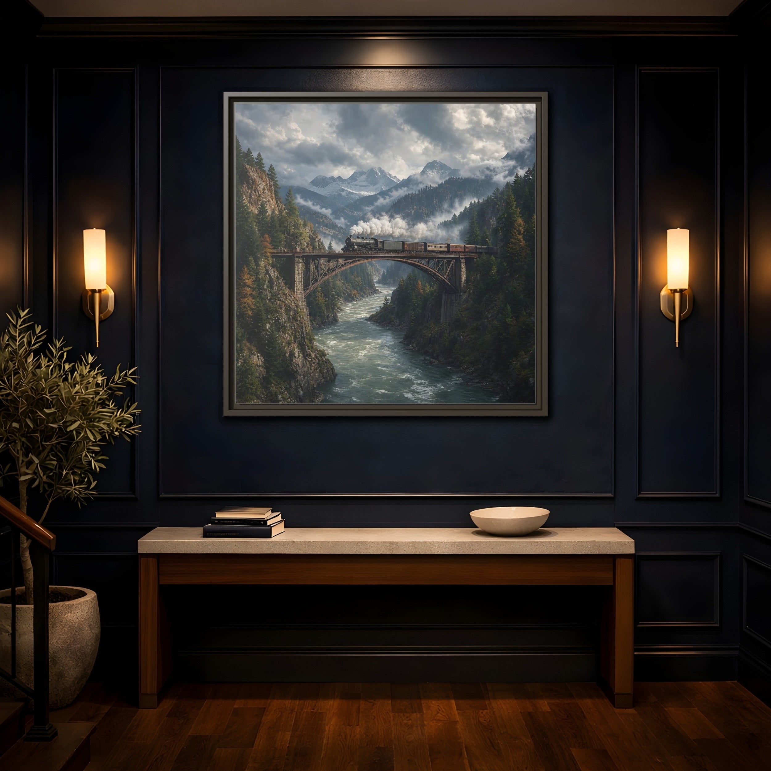 Mockup 4. Nature Steam Train Mountain Train shown as stretched canvas wall art