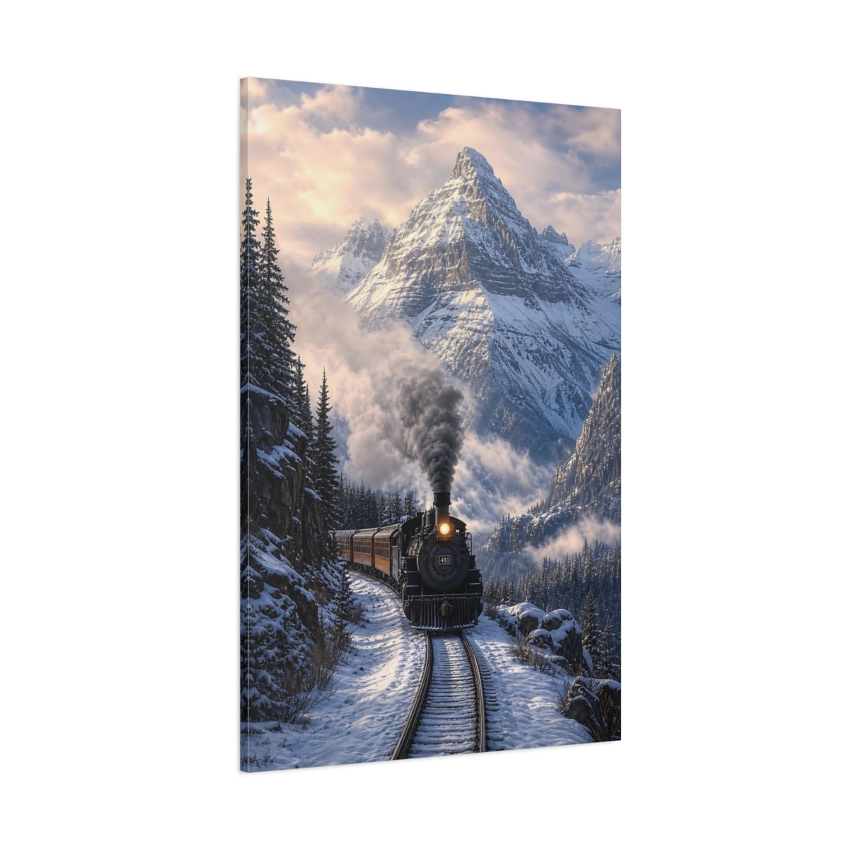 Side Mockup 1. Nature Steam Train Snowy Mountain Train shown as stretched canvas wall art