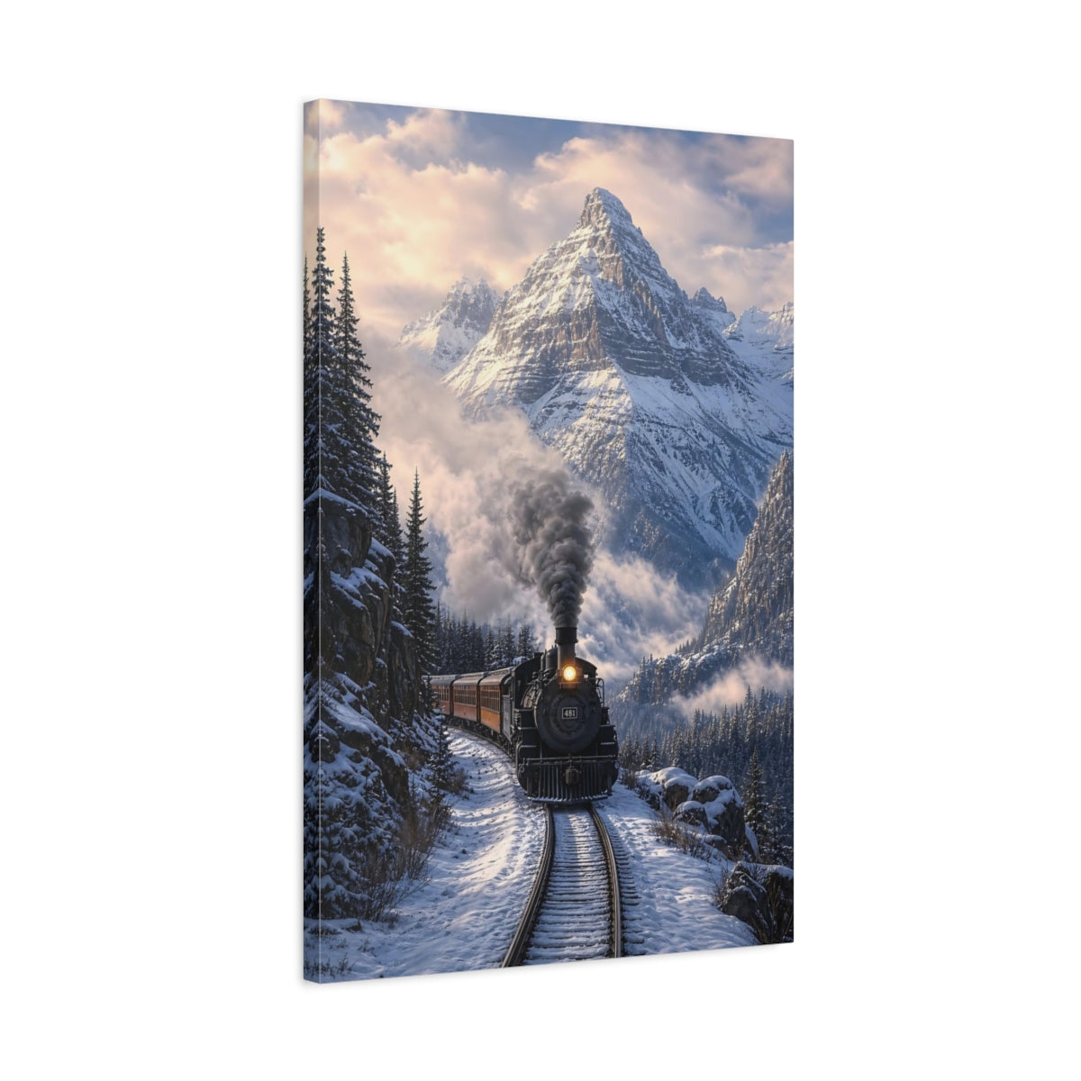 Side Mockup 2. Nature Steam Train Snowy Mountain Train shown as stretched canvas wall art