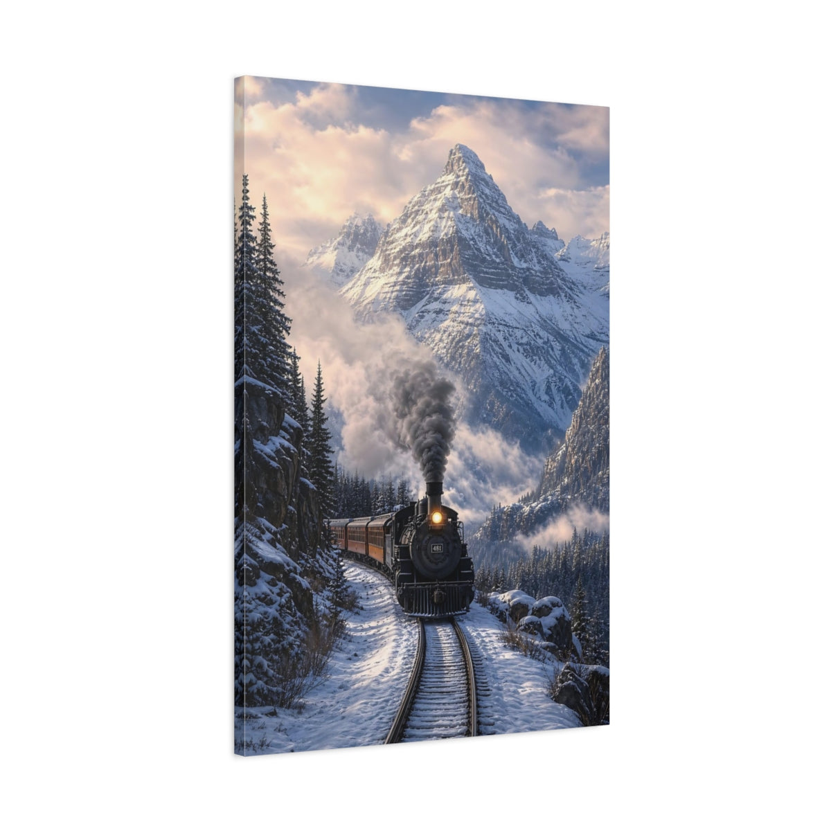 Main Mockup. Nature Steam Train Snowy Mountain Train shown as stretched canvas wall art