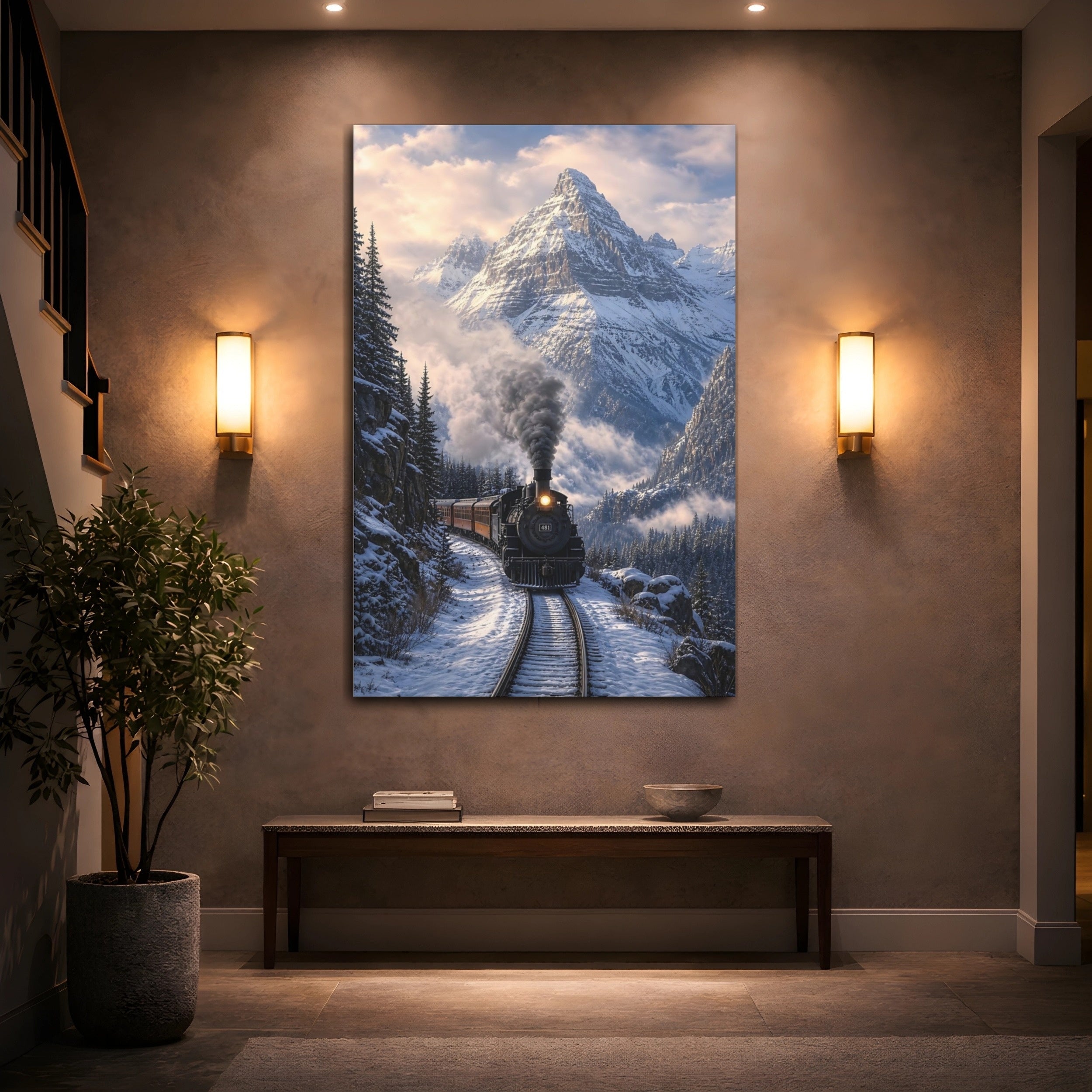 Mockup 2. Nature Steam Train Snowy Mountain Train shown as stretched canvas wall art