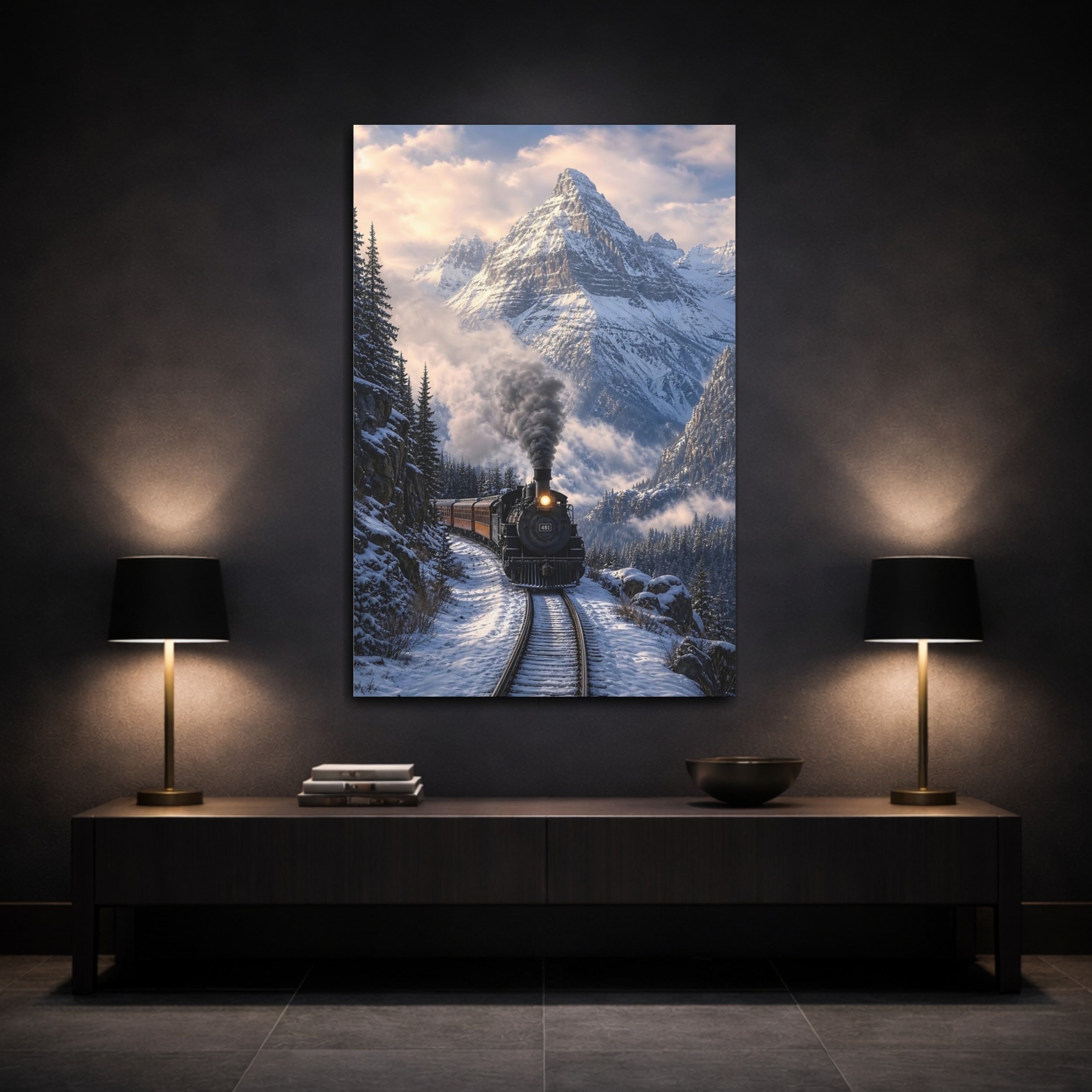 Mockup 3. Nature Steam Train Snowy Mountain Train shown as stretched canvas wall art