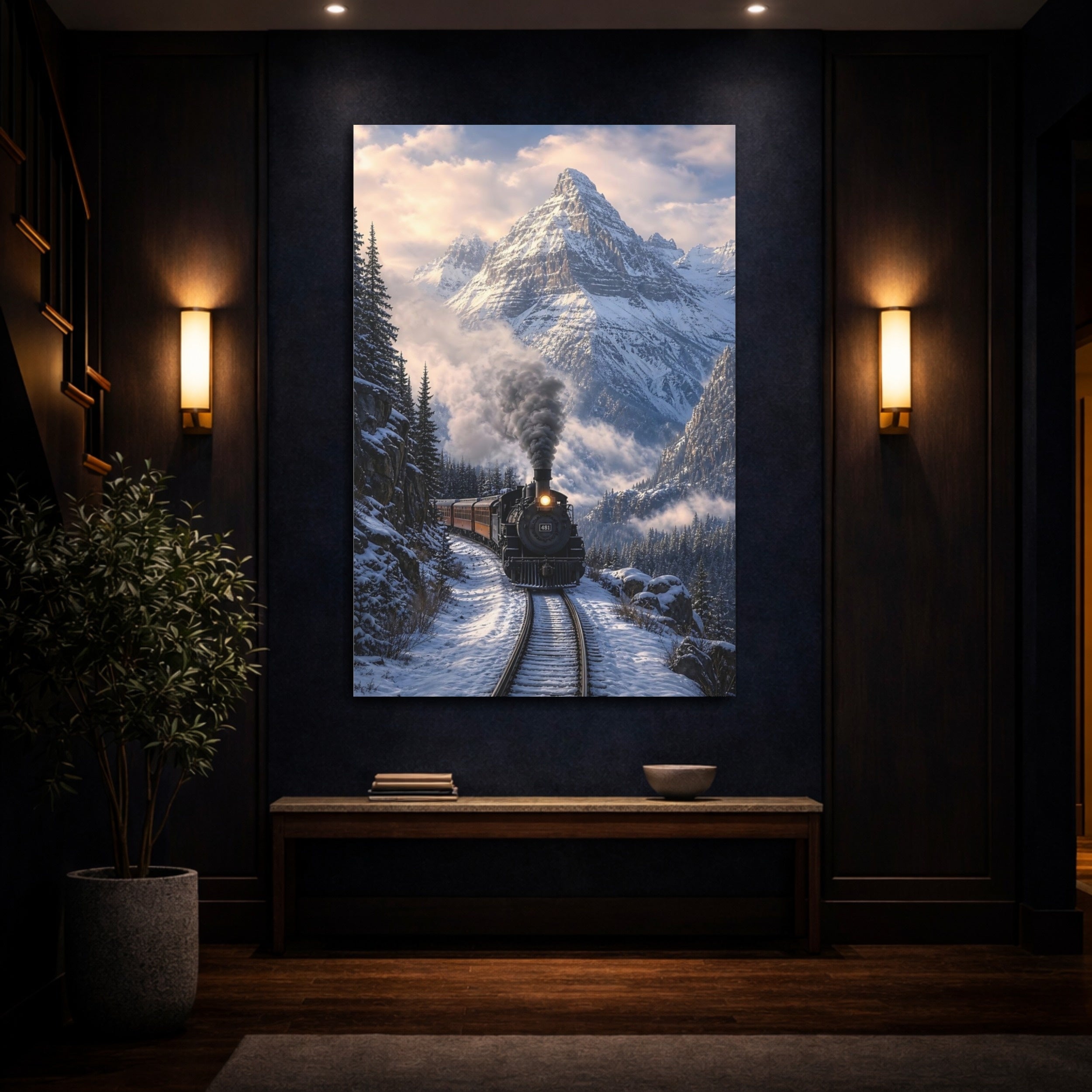 Mockup 4. Nature Steam Train Snowy Mountain Train shown as stretched canvas wall art