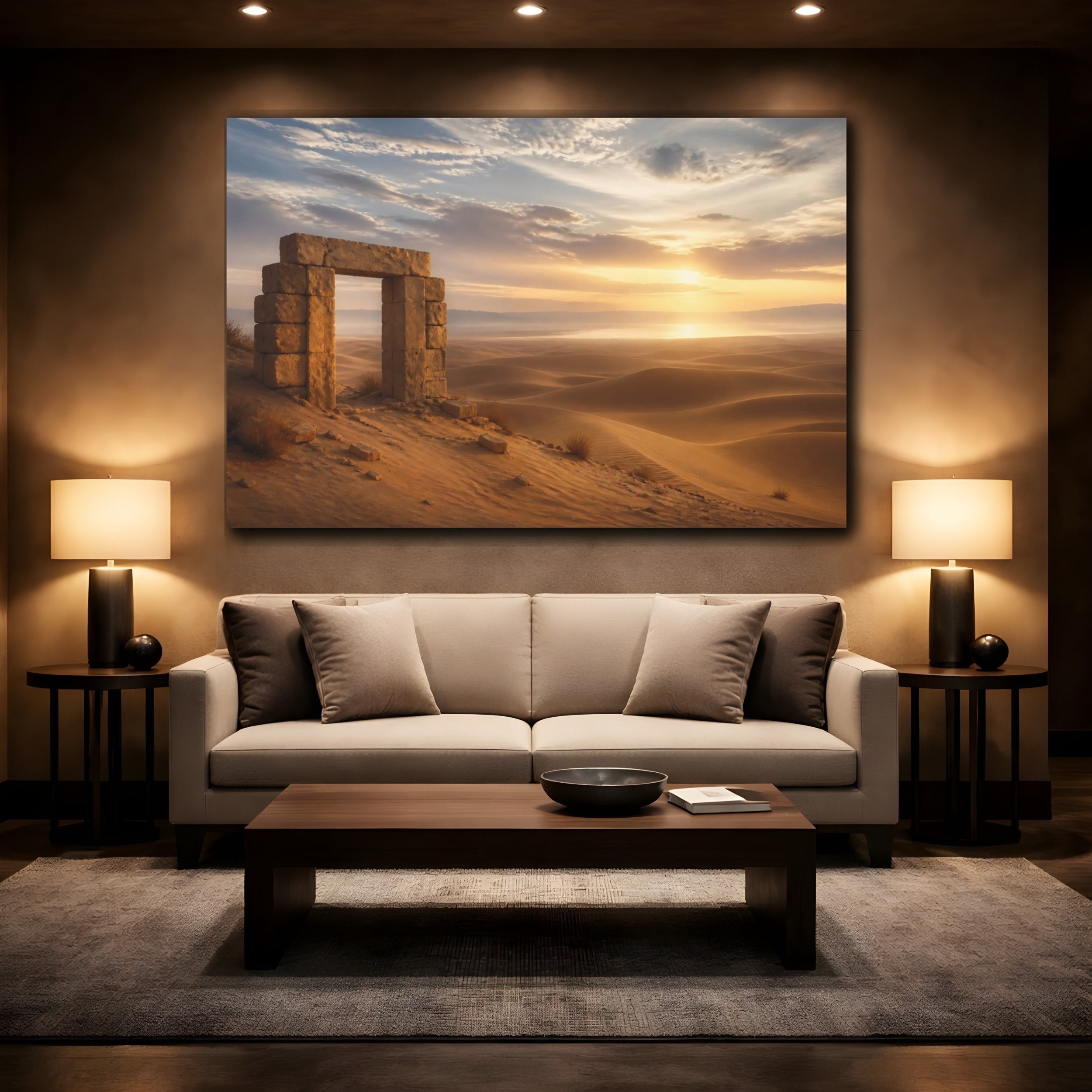 Mockup 2. Nature Stone Arch Desert Sunset shown as stretched canvas wall art