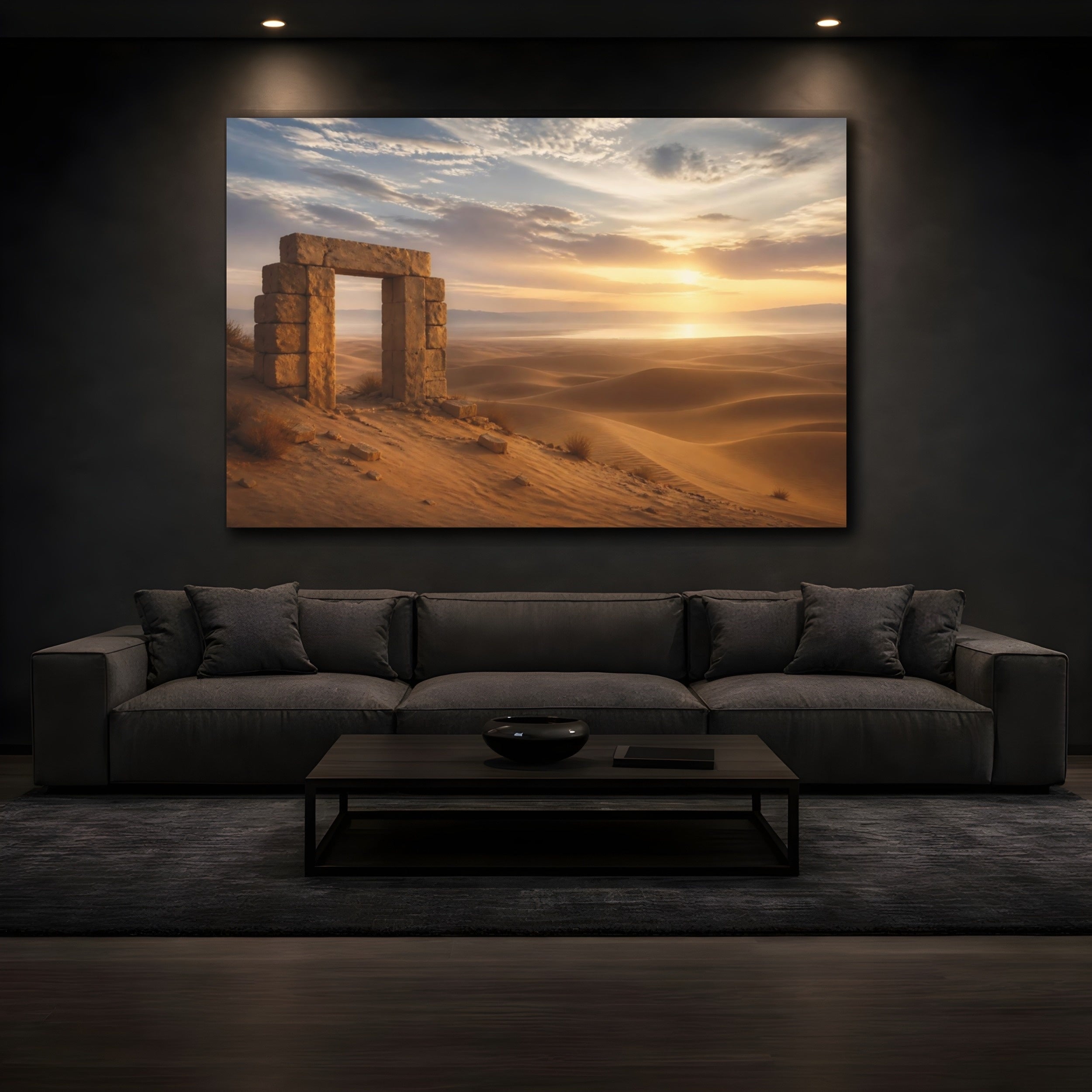 Mockup 3. Nature Stone Arch Desert Sunset shown as stretched canvas wall art