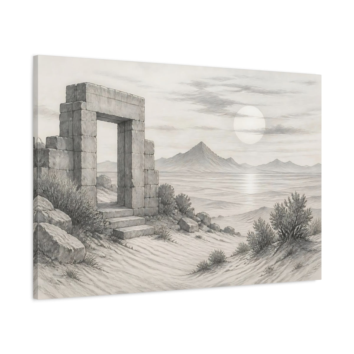 Main Mockup. Nature Stone Archway Grey Landscape shown as stretched canvas wall art