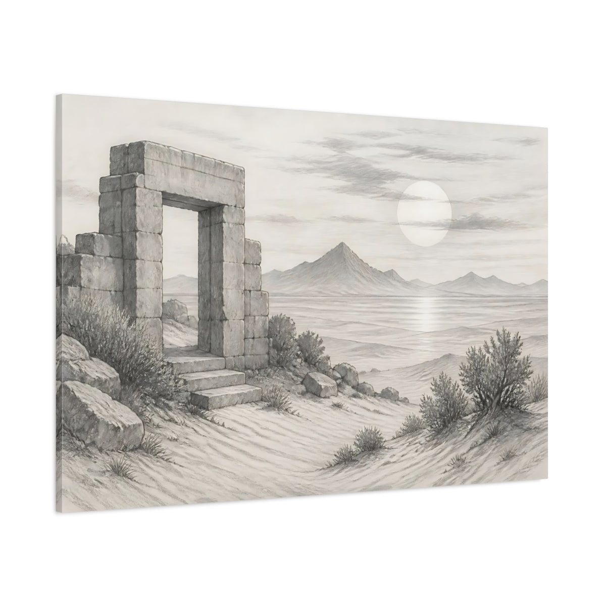 Side Mockup 1. Nature Stone Archway Grey Landscape shown as stretched canvas wall art