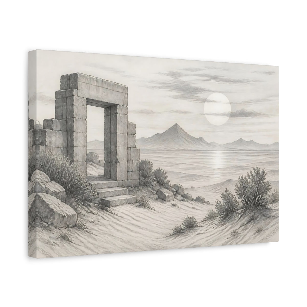 Side Mockup 4. Nature Stone Archway Grey Landscape shown as stretched canvas wall art