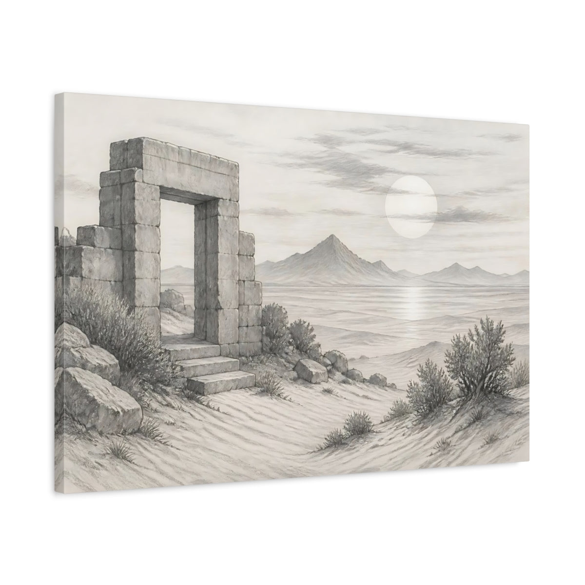 Side Mockup 2. Nature Stone Archway Grey Landscape shown as stretched canvas wall art