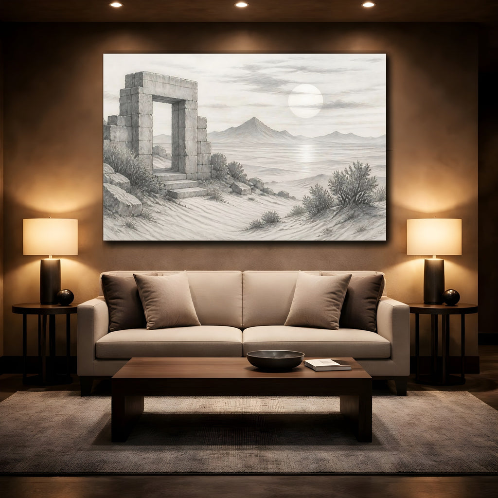 Mockup 2. Nature Stone Archway Grey Landscape shown as stretched canvas wall art