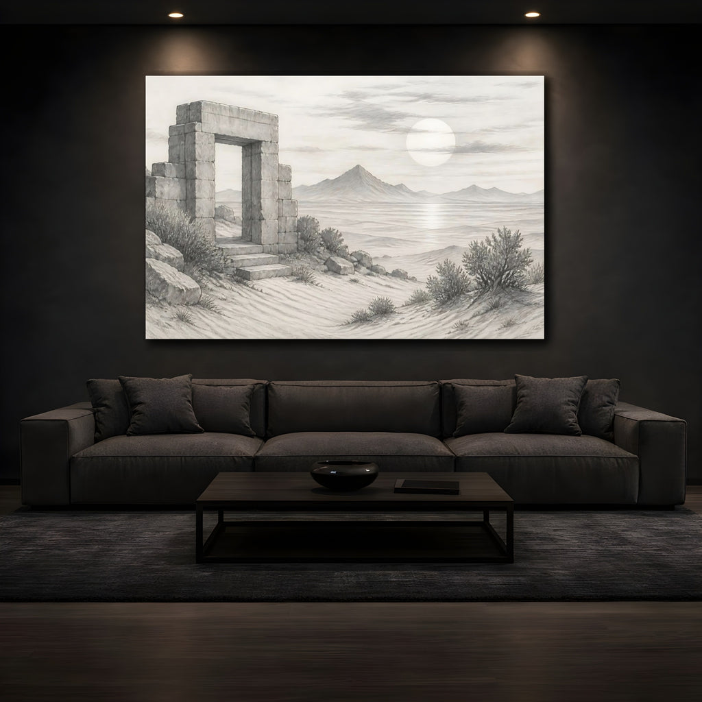 Mockup 3. Nature Stone Archway Grey Landscape shown as stretched canvas wall art