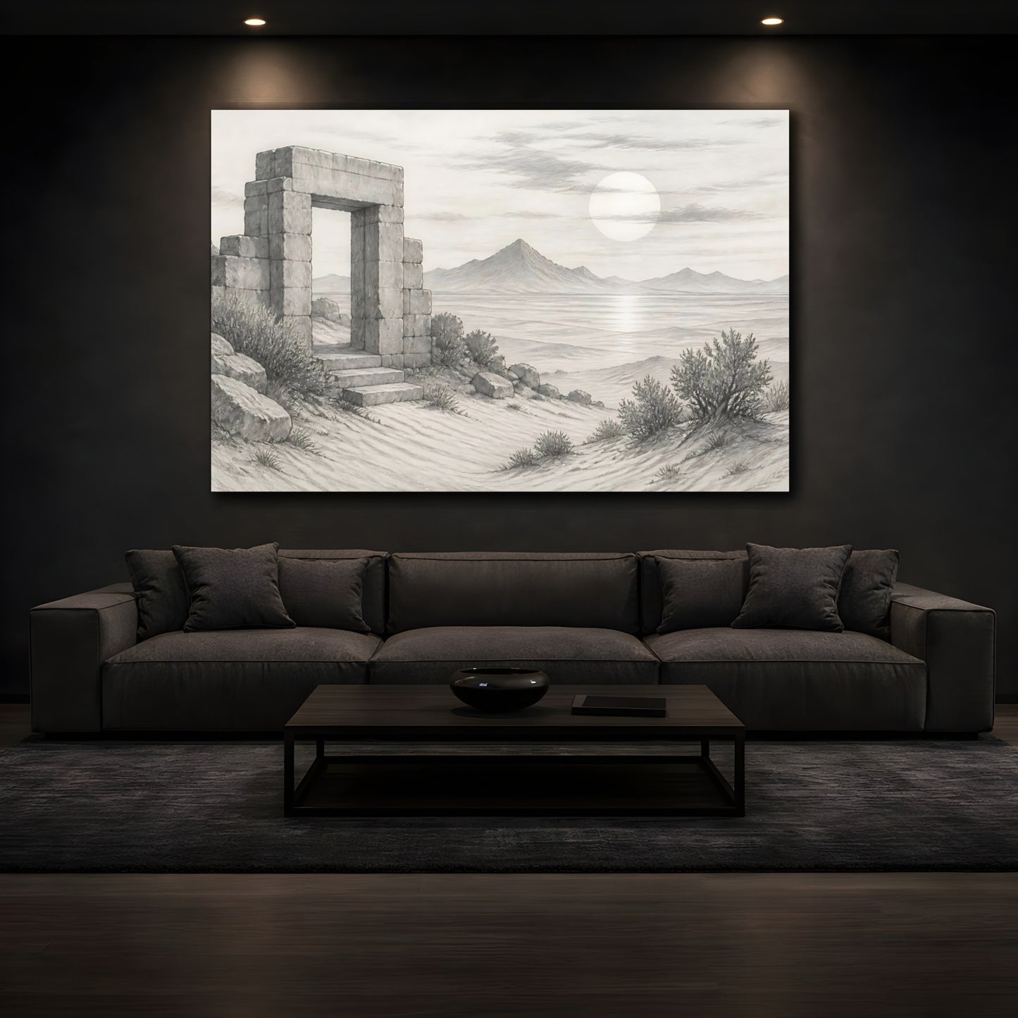 Mockup 3. Nature Stone Archway Grey Landscape shown as stretched canvas wall art