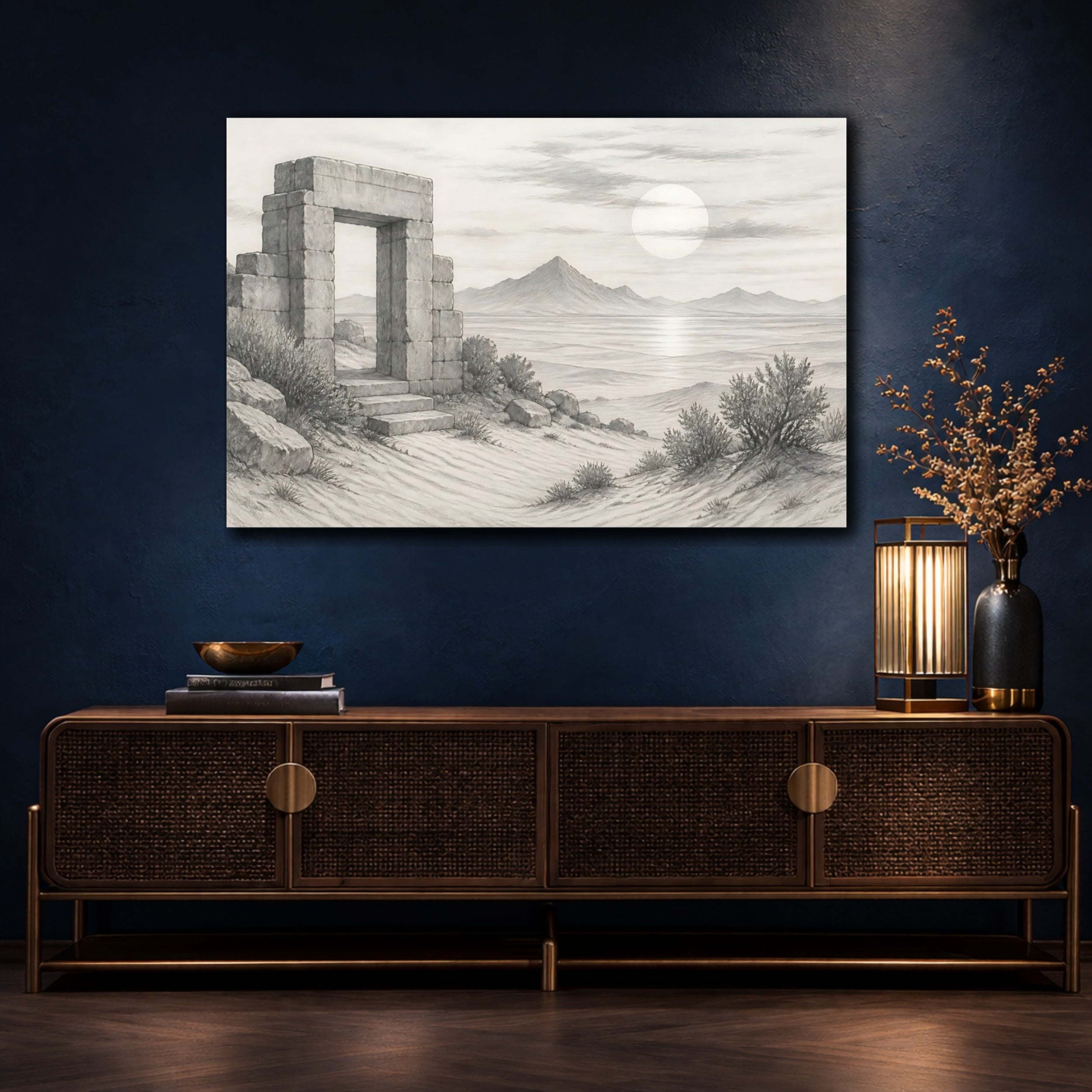 Mockup 4. Nature Stone Archway Grey Landscape shown as stretched canvas wall art
