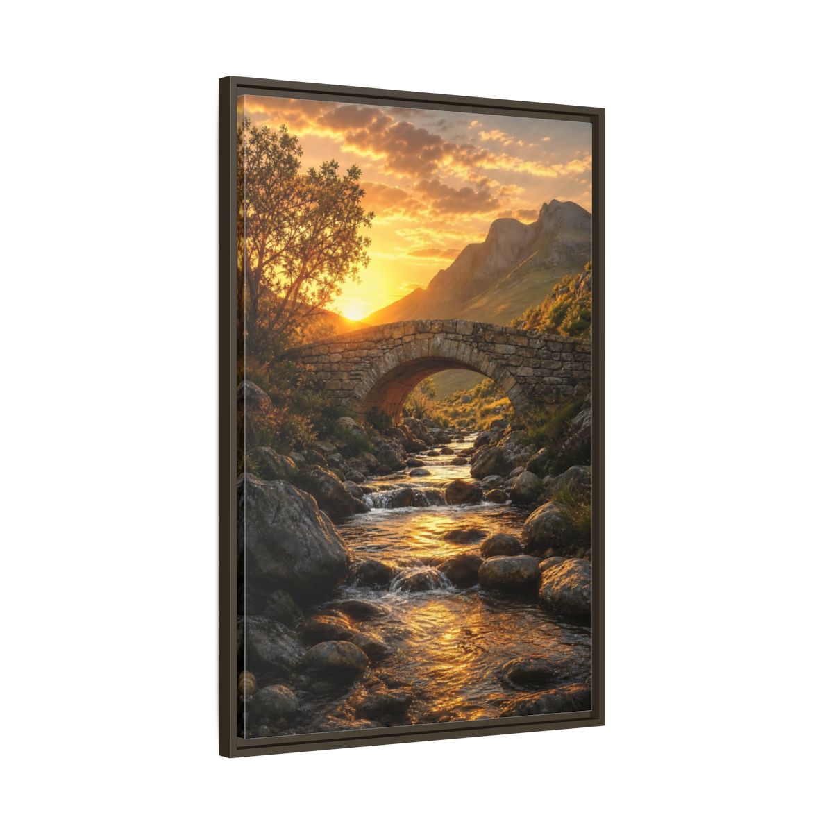 Main Mockup. Nature Stone Bridge Golden Sunset River shown as stretched canvas wall art
