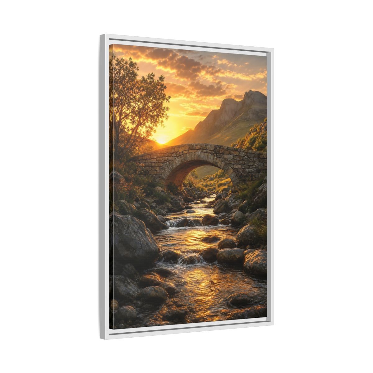 Side Mockup 10. Nature Stone Bridge Golden Sunset River shown as stretched canvas wall art