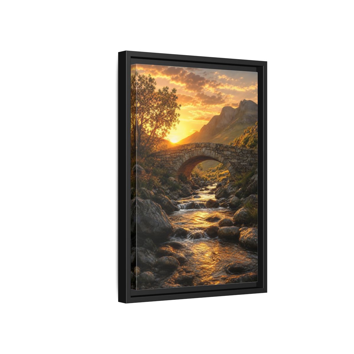 Side Mockup 6. Nature Stone Bridge Golden Sunset River shown as stretched canvas wall art