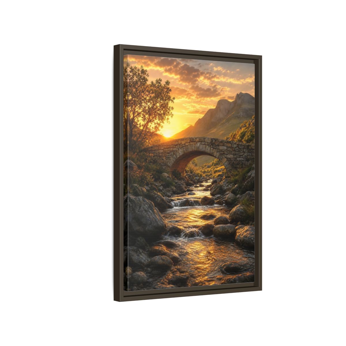 Side Mockup 2. Nature Stone Bridge Golden Sunset River shown as stretched canvas wall art