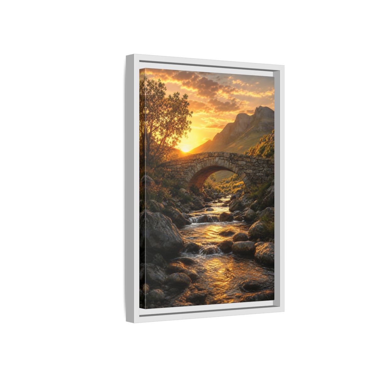 Side Mockup 4. Nature Stone Bridge Golden Sunset River shown as stretched canvas wall art