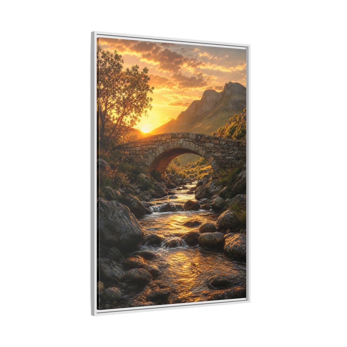 Side Mockup 7. Nature Stone Bridge Golden Sunset River shown as stretched canvas wall art