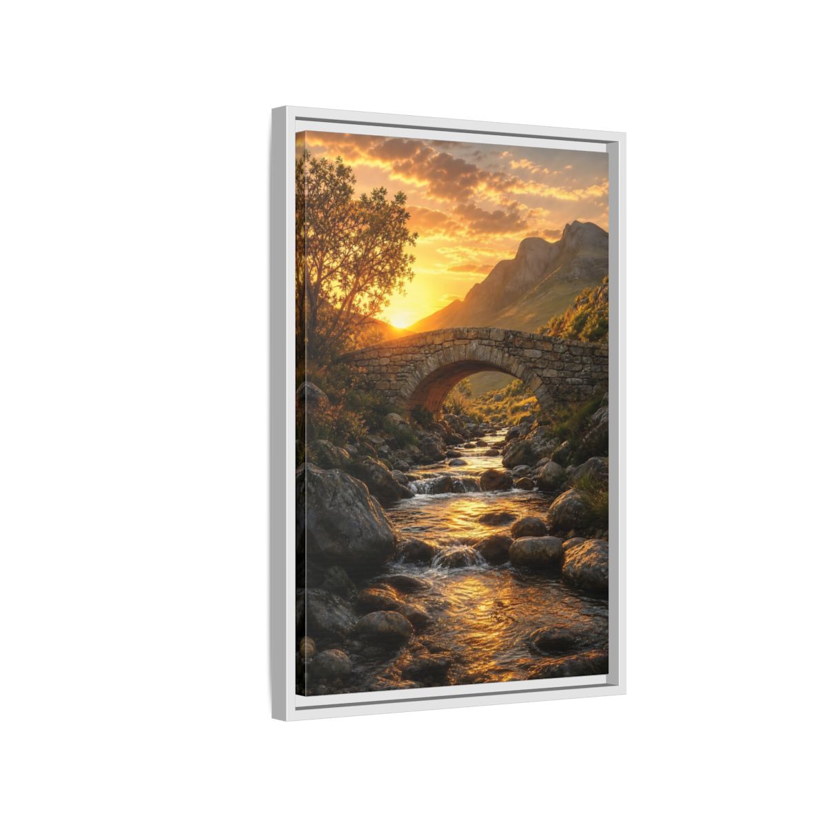 Side Mockup 1. Nature Stone Bridge Golden Sunset River shown as stretched canvas wall art