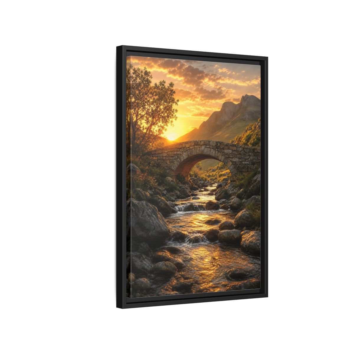 Side Mockup 3. Nature Stone Bridge Golden Sunset River shown as stretched canvas wall art