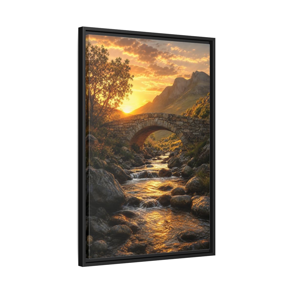 Side Mockup 14. Nature Stone Bridge Golden Sunset River shown as stretched canvas wall art