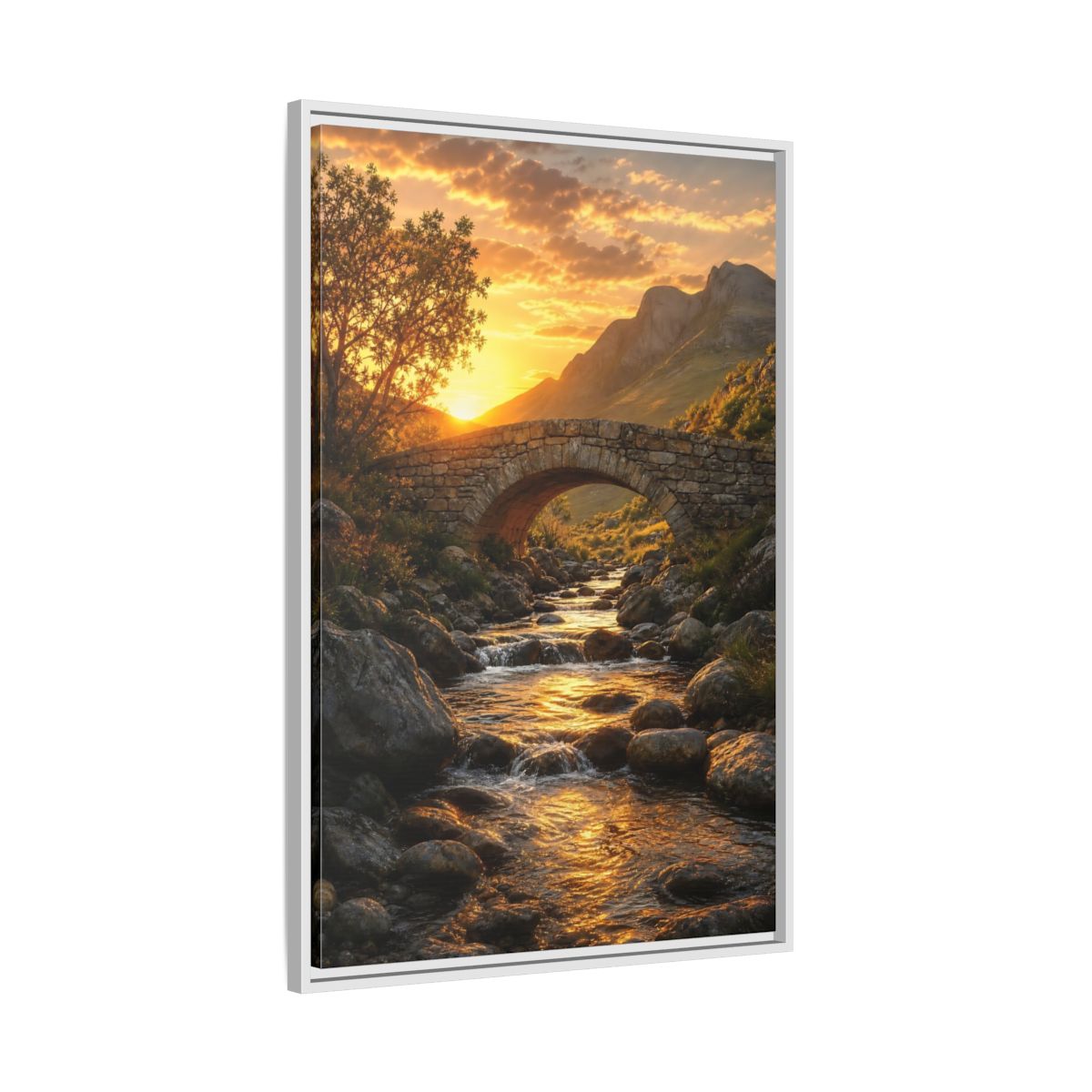 Side Mockup 9. Nature Stone Bridge Golden Sunset River shown as stretched canvas wall art