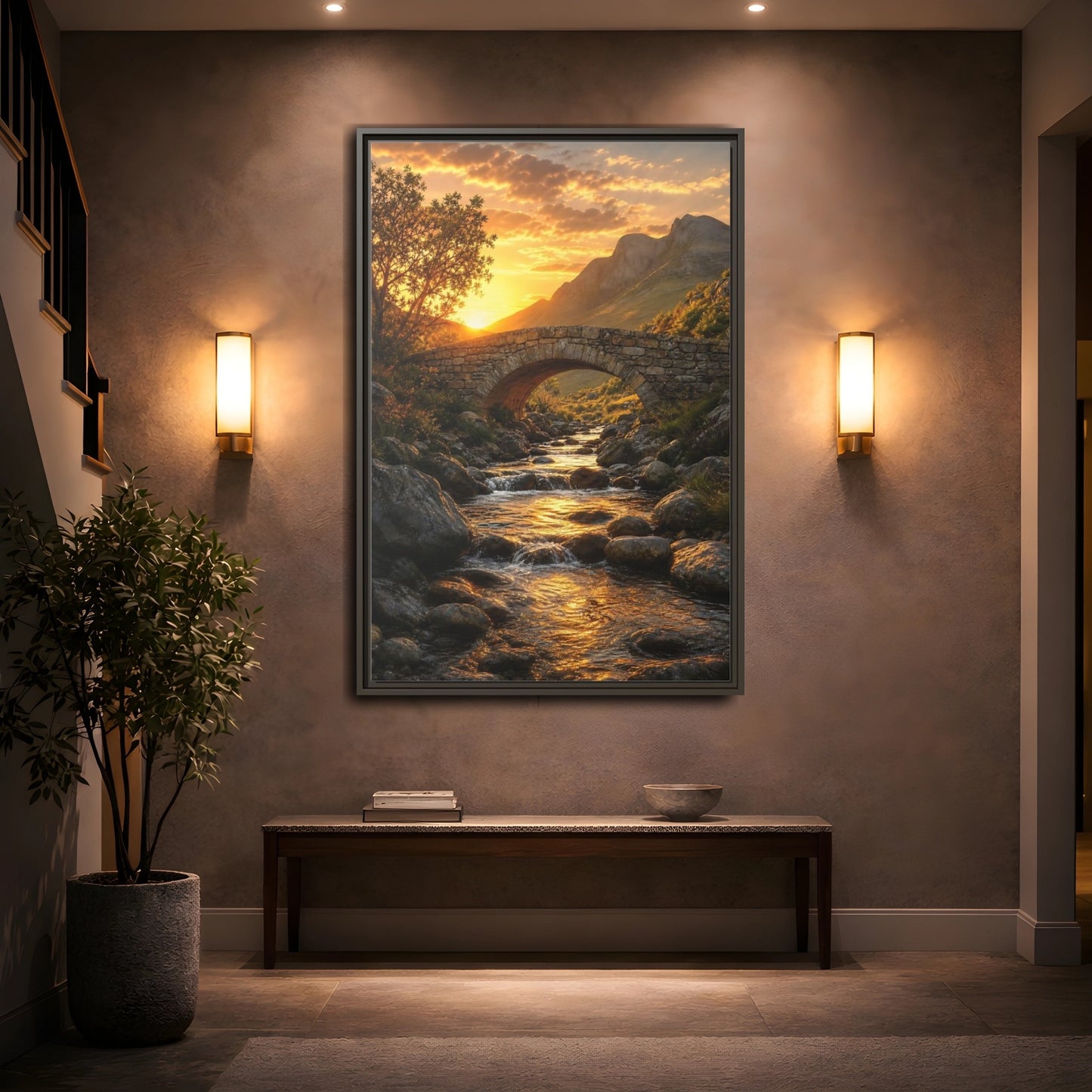 Mockup 2. Nature Stone Bridge Golden Sunset River shown as stretched canvas wall art