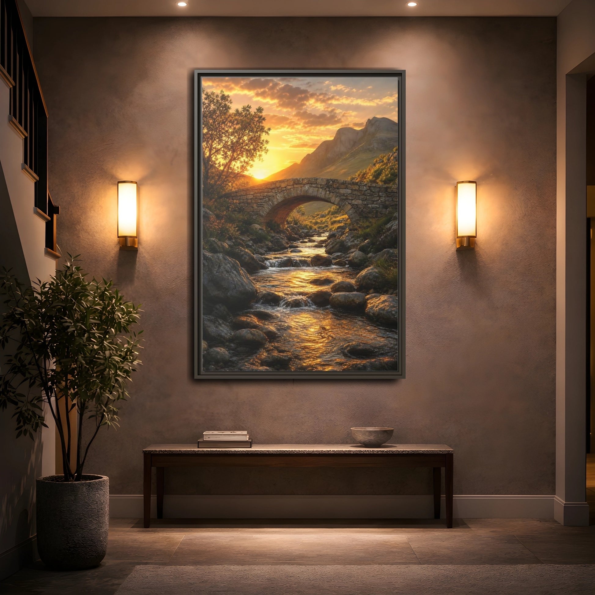 Mockup 2. Nature Stone Bridge Golden Sunset River shown as stretched canvas wall art