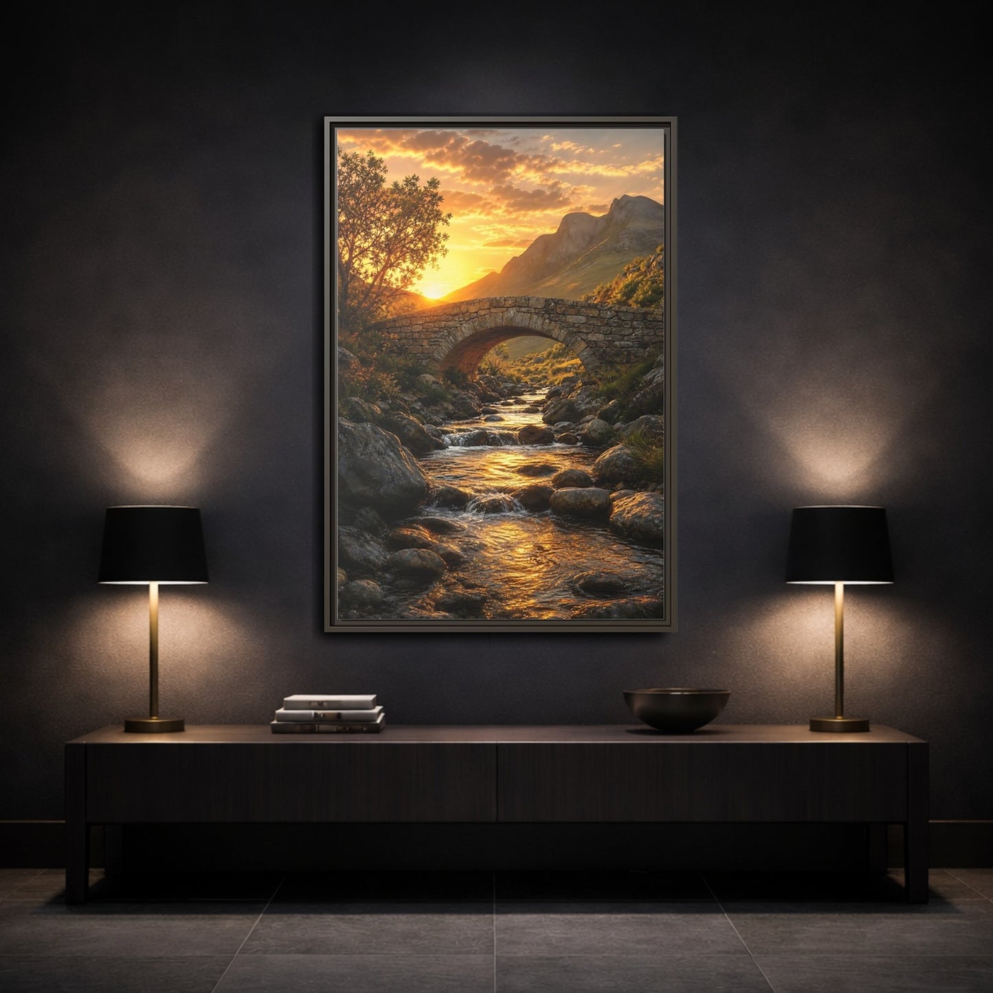 Mockup 3. Nature Stone Bridge Golden Sunset River shown as stretched canvas wall art