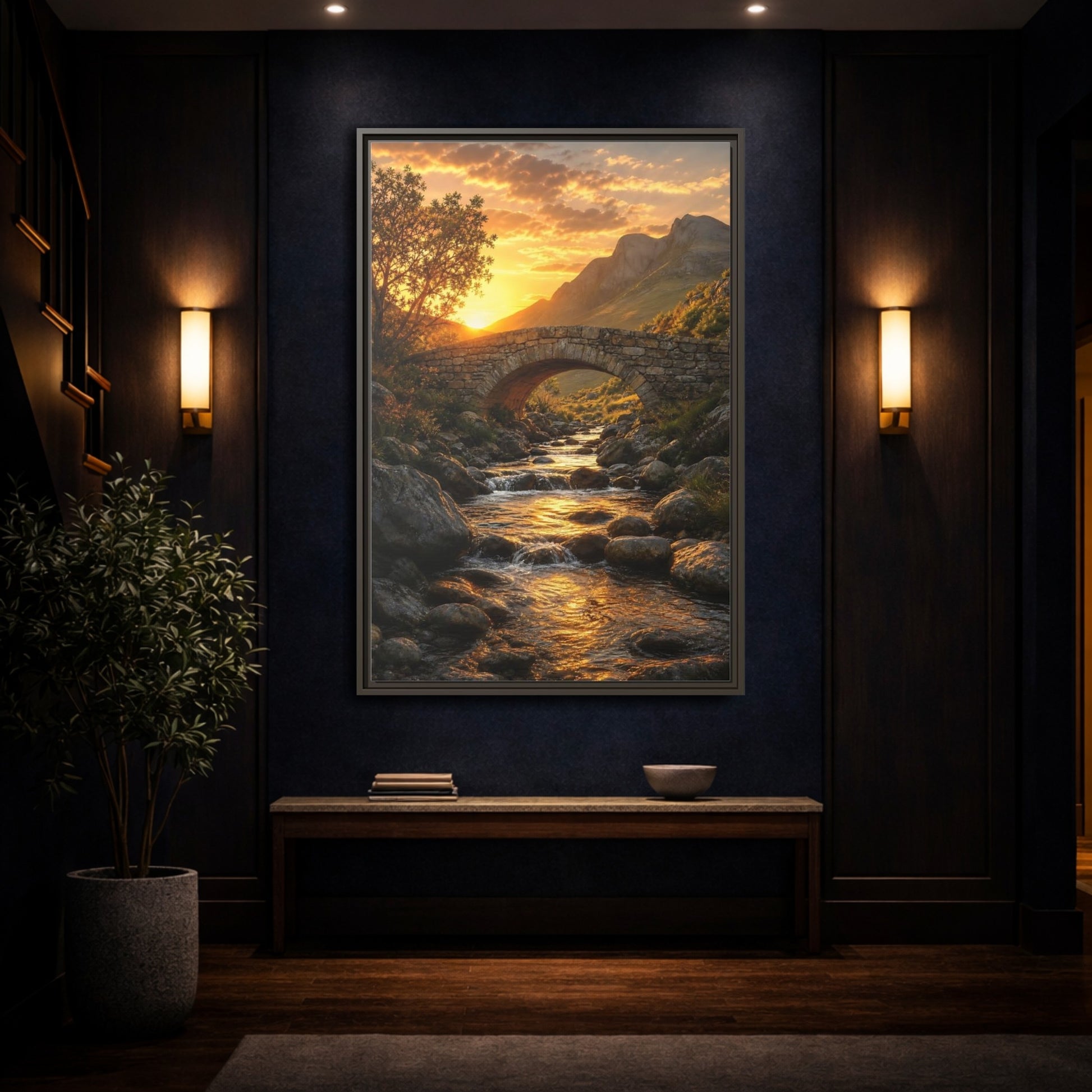 Mockup 4. Nature Stone Bridge Golden Sunset River shown as stretched canvas wall art