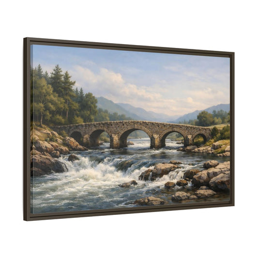 Main Mockup. Nature Stone Bridge Green Blue Landscape shown as stretched canvas wall art