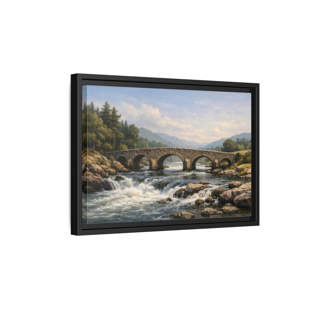 Side Mockup 6. Nature Stone Bridge Green Blue Landscape shown as stretched canvas wall art