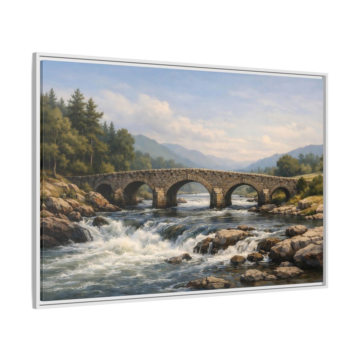 Side Mockup 7. Nature Stone Bridge Green Blue Landscape shown as stretched canvas wall art