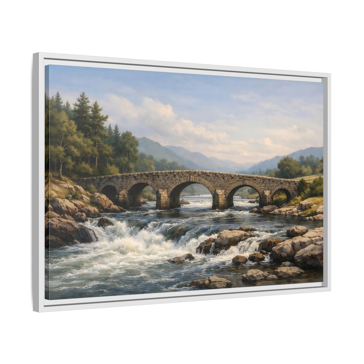 Side Mockup 10. Nature Stone Bridge Green Blue Landscape shown as stretched canvas wall art