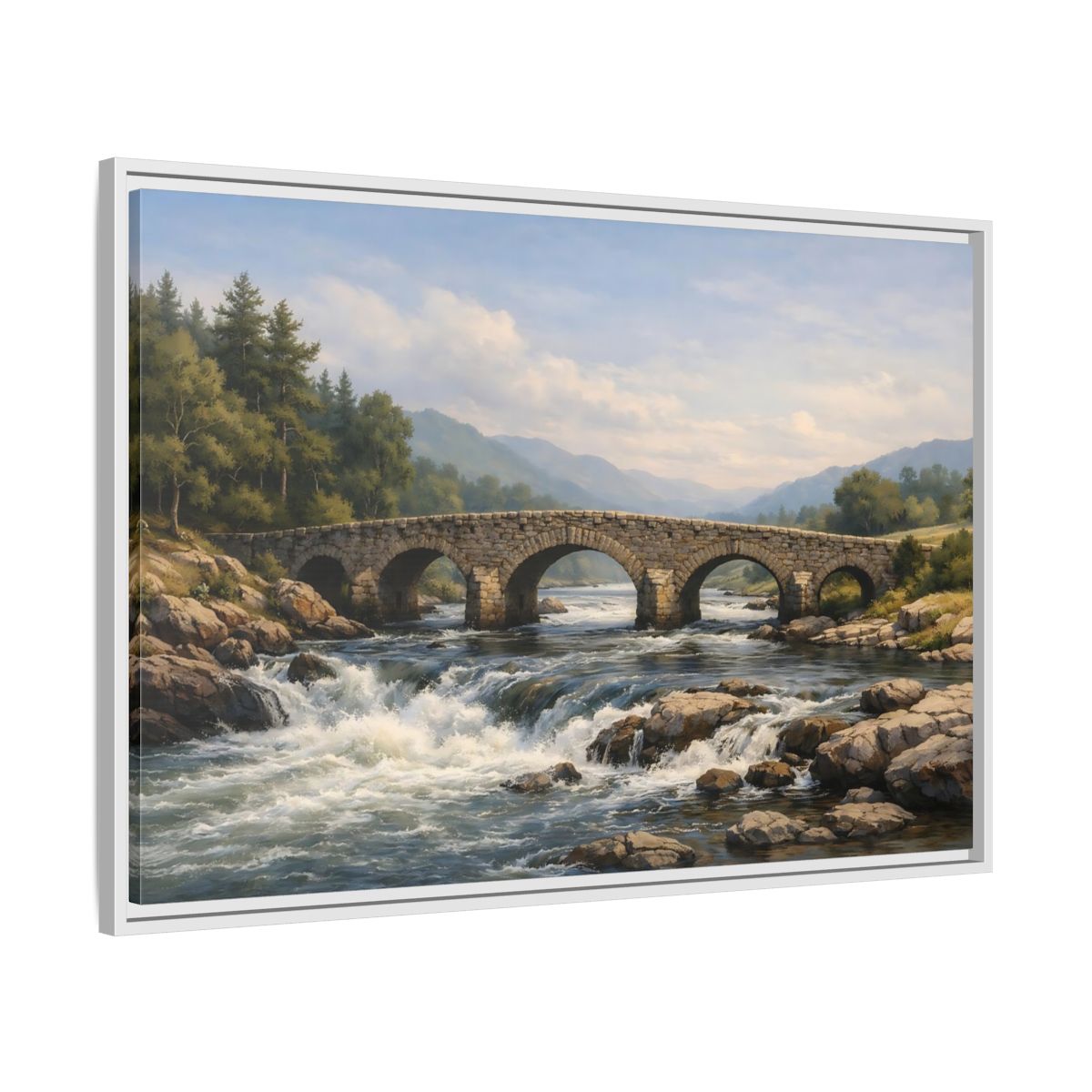 Side Mockup 9. Nature Stone Bridge Green Blue Landscape shown as stretched canvas wall art