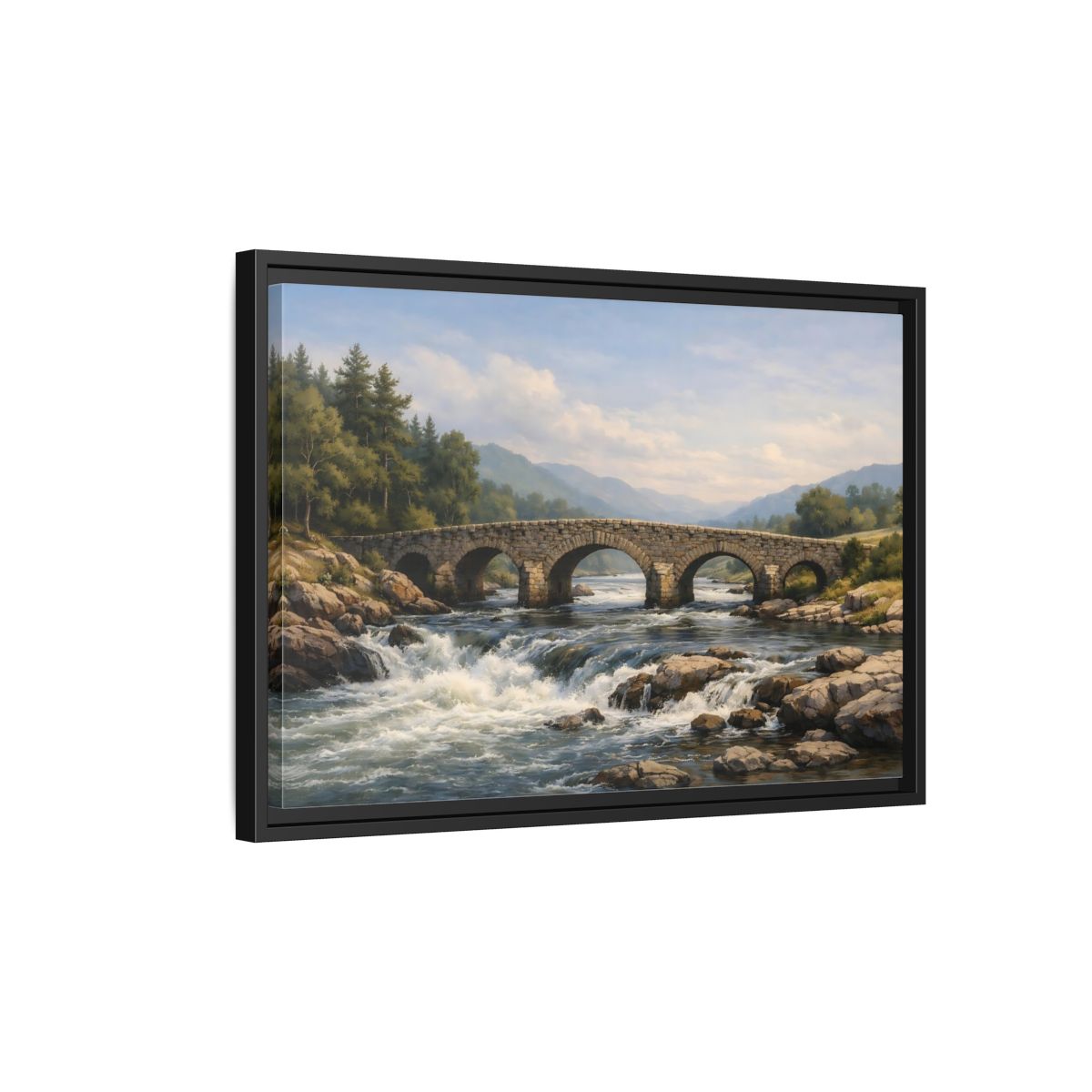 Side Mockup 3. Nature Stone Bridge Green Blue Landscape shown as stretched canvas wall art