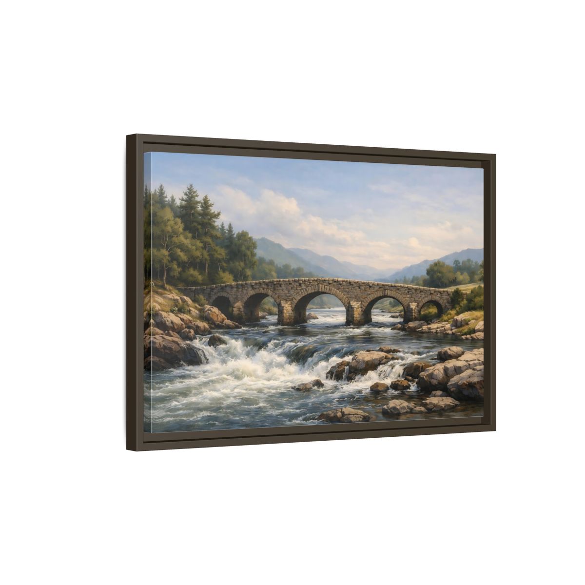 Side Mockup 2. Nature Stone Bridge Green Blue Landscape shown as stretched canvas wall art